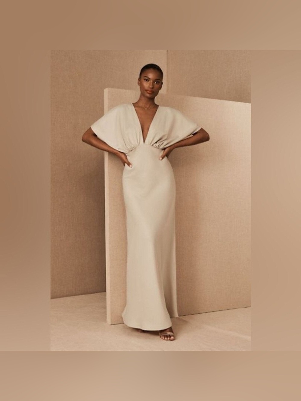 BHLDN Leila Deep-V Flutter-Sleeve Satin Gown
